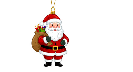 Cheerful santa claus with gift sack hanging as festive ornament