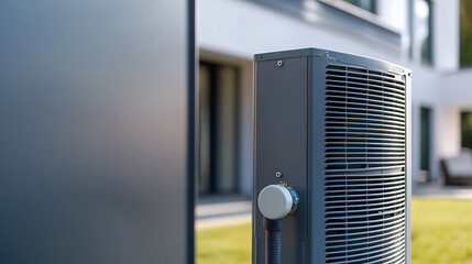 Modern gray HVAC unit in a residential setting. Efficiency and comfort meet contemporary design, ensuring a perfectly climate-controlled home environment for living.