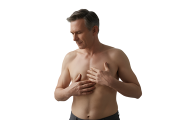 Shirtless man with hands on chest examining himself in studio with transparent background
