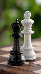 Fototapeta premium Players engage in a classic game of chess with black and white pieces arranged on a detailed board, highlighting strategy and focus
