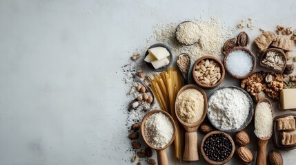 Assortment of Gluten-Free Ingredients Overhead Shot on Light Background Rice Flour Nuts Seeds Pasta Alternative Diet