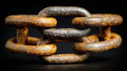 Fototapeta premium Macro shot of rusty metal chain links on black background showing texture and corrosion detail industrial concept of strength and connection