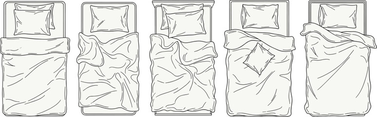 Top-down bed illustration with pillow and blanket variations, sleep habits, messy bedding, neat arrangement, interior design, and rest concept