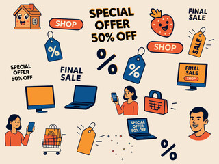 A colorful flat illustration pattern featuring shopping elements such as sale tags, laptops, customers, carts, and discount offers promoting an online sale.