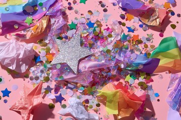 Fototapeta premium Bright flat lay of colorful confetti, shiny stars, and crumpled paper on a pink background, creating a festive atmosphere for celebrations and party decorations