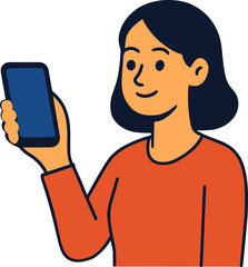 A smiling woman holding up a blank smartphone screen, representing mobile usage, communication, or online activity.