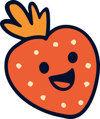 A cute flat-style illustration of a smiling strawberry with green leaves, symbolizing sweetness, freshness, and cheerful summer vibes.