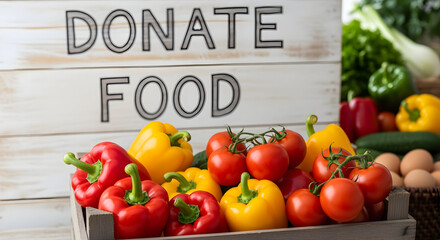 Assorted fresh produce displayed near donate food sign for food bank promotion campaign