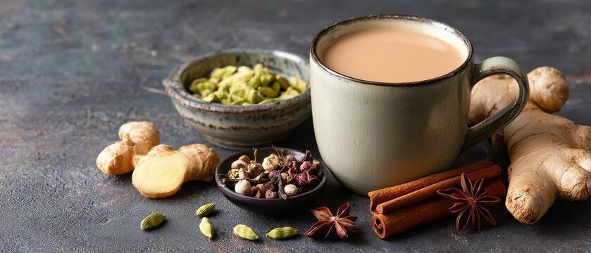 Cozy Still Life of Masala Chai Tea with Spices on Dark Background close up shot for beverage and wellness concepts - Powered by Adobe