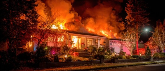 Obraz premium Nighttime House Engulfed in Flames with Smoke Rising Aerial View of Residential Fire Emergency Response