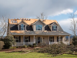 Damaged house after storm with roof damage and fallen tree branches from ground level angle in suburban neighborhood