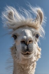 Fototapeta premium White Llama Portrait Staring Directly at Camera Against Blue Sky Low Angle Close Up Funny Animal Photography