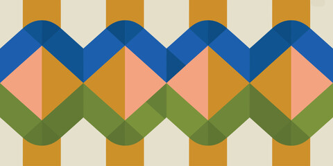 Abstract geometric pattern featuring blue green pink and gold colors in a zigzag repeating design