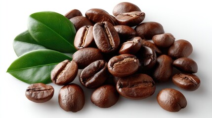 Naklejka premium Dark, shiny coffee beans sit among lush green leaves, showcasing the beauty of nature and the process of coffee production