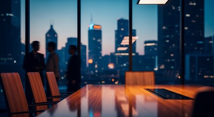 Conference room with city skyline view and business people discussing strategy at night time setting
