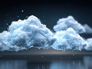 Digital clouds connected by network lines floating in dark atmosphere concept of cloud computing and data storage