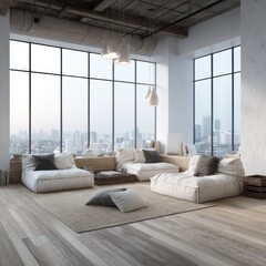 Airy loft interior with city view, featuring comfortable beanbag chairs, natural light, and minimalist decor, showcasing modern urban living