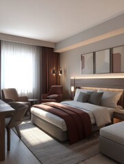 Fototapeta premium Interior of modern hotel bedroom with bed, chairs, desk, and artwork; warm lighting and neutral color palette creates inviting atmosphere