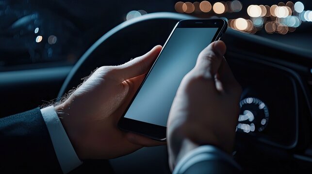 A hand grips a smartphone while driving at night. The dashboard illuminates softly with surrounding city lights in the distance