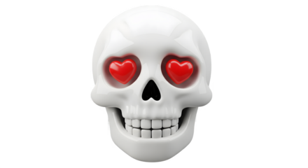 A white skull with heart-shaped eyes on a white background, symbolizing love and mortality