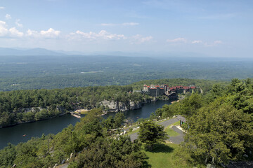 scenic landscape view in mohonk preserve with mountain vista hotel house shawangunk mountains lake (hike hiking trail gunks) famous tourist destination summer hudson valley new york paltz upstate