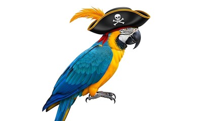 Fototapeta premium A vibrant blue and yellow macaw parrot wearing a black pirate hat with a skull and crossbones emblem and a yellow feather