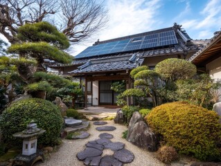Traditional Japanese house with solar panels in Kyoto, zen garden, exterior view, sunny day, eco friendly home, renewable energy source, sustainability