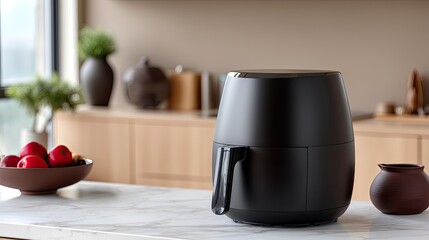 A sleek cooking device sits on a clean kitchen surface, surrounded by fresh apples and minimalist decor, highlighting efficiency and health