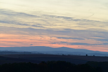 Obraz premium beautiful sunset over the czech mountain jeseniky, Praded, Silesia