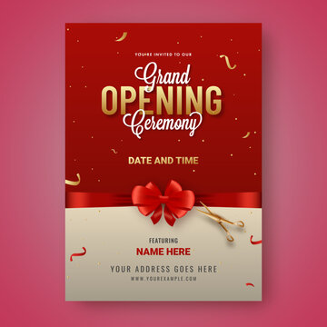 Grand Opening Event Flyer Template with Golden Lettering and Festive Ribbon Bow Tie, Elegant Celebration Invitation for New Business Launch and Anniversary Promotion, Red Background Design