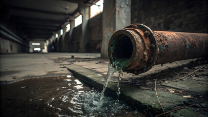 A rusty, corroded metal pipe leaking water under dim, moody lighting