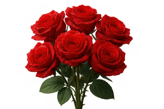 Red rose bouquet expressing love and romance, fresh petals with dew drops, transparent background