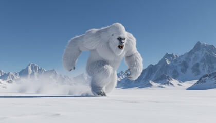 A large, furry yeti rushes across a snowy plain surrounded by towering mountains. The scene showcases a clear blue sky and sunlit snow, highlighting the yeti's powerful presence