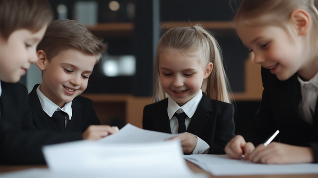 Future Leaders: A group of young children dressed in business attire collaborating on a project at a table, smiling and focused, showcasing youthful ambition and teamwork.