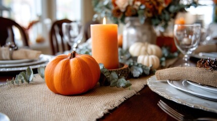 A decorative arrangement with orange and white pumpkins, candles, and autumn leaves creates a warm ambiance for fall gatherings