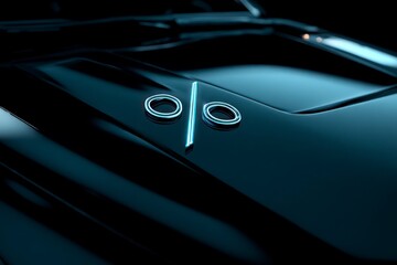 Naklejka premium Purple neon percent symbol on glossy car hood. Futuristic concept of finance, automotive pricing, tech luxury, cyber economy.