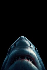 Close-up front view of a great white shark in dark water