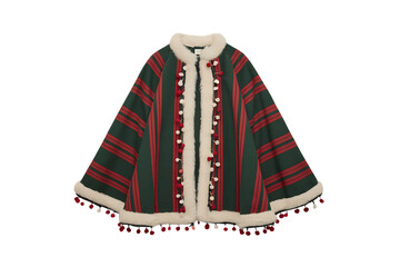 Elegant Striped Cape with Faux Fur Trim and Pom-Pom Accents for Winter Fashion