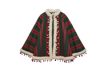 Elegant Striped Cape with Faux Fur Trim and Pom-Pom Accents for Winter Fashion