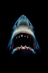 Close-up front view of a great white shark in dark water
