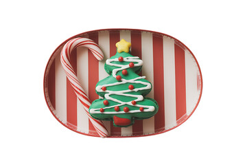 Festive Christmas Plate with a Candy Cane and a Christmas Tree Cookie, Perfect for Holiday Celebrations