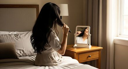 Serene morning routine of a woman brushing her long, dark hair while reflecting in a mirror, a peaceful scene of self-care and beauty