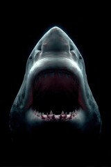 Close-up front view of a great white shark in dark water