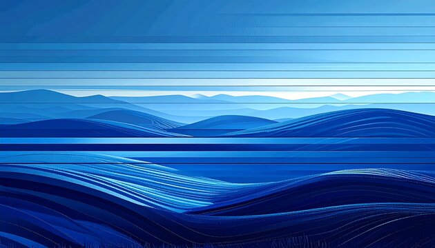 Abstract landscape of layered blue hills, rendered with horizontal lines, evoking a calm, serene atmosphere - Powered by Adobe