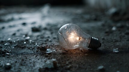 A single broken light bulb with its filament glowing rests on a dusty debris strewn floor