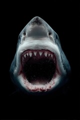Close-up front view of a great white shark in dark water