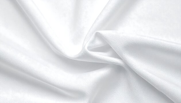 An elegant close-up shot of pristine white fabric, artfully draped and folded. The folds create soft shadows and a smooth texture