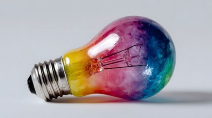 A vibrant rainbow colored lightbulb lies on its side against a clean neutral background symbolizing creative ideas and innovation