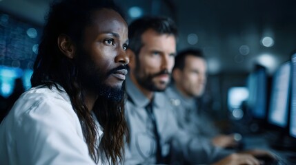 Three professionals in a dimly lit control room intently focused on computer screens displaying data