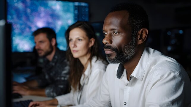 Diverse professionals working late analyzing data on screens in a modern control room